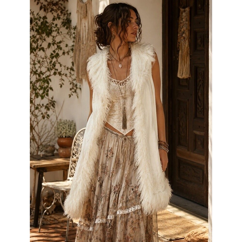 Penny Lane Coat Oatmeal Fuzzy Open Vest Sleeveless S Festival Coquette Bohemian